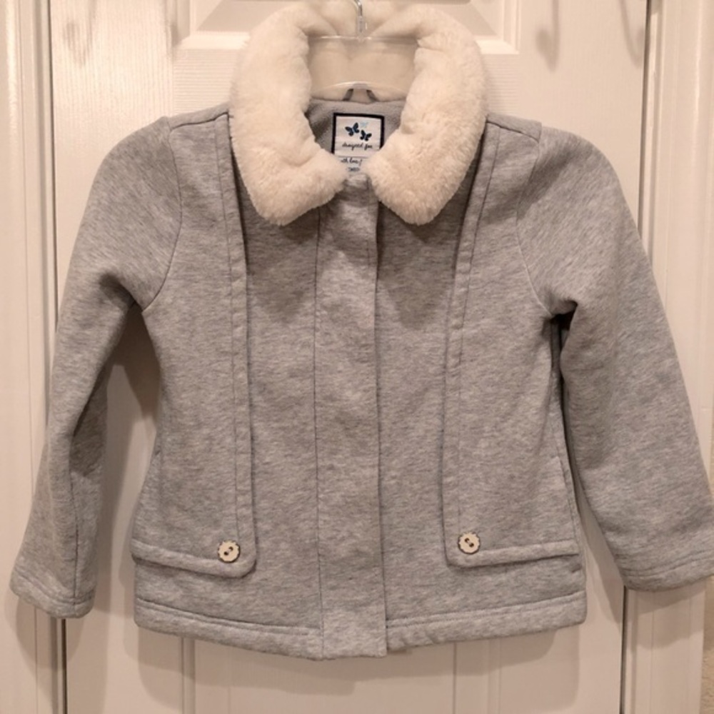 Gymboree Girls Light Weight Dress Pea Coat Gray Jersey Knit Faux Fur Collar 5/6